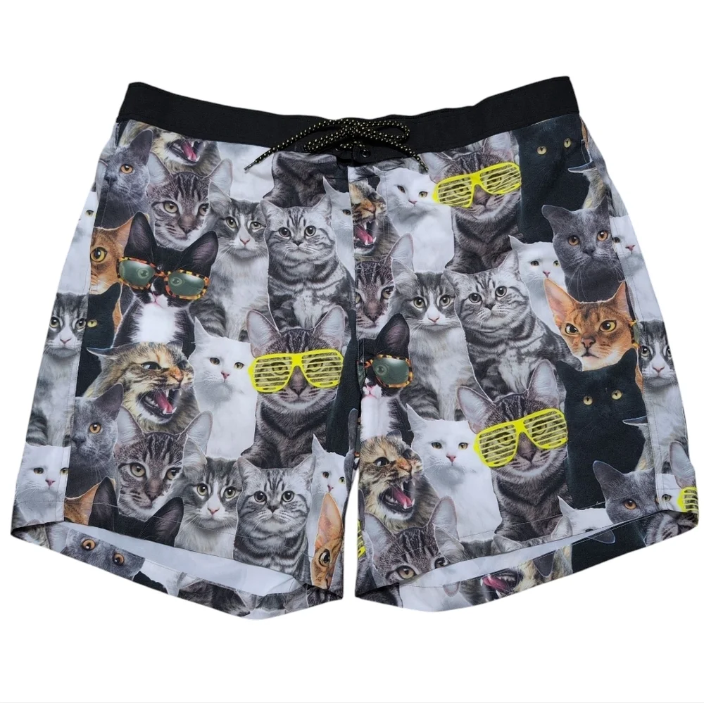 Top Drawer Men's Novelty Cat Face Feline Board Shorts Swim Trunks 2XL‎